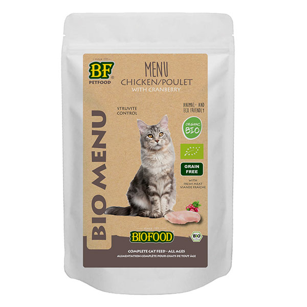 Menu Bio à base de 79% de viande de poulet BIO pour chat. Sachet de 100g