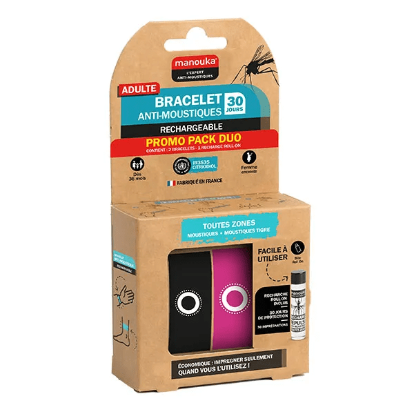 Pack duo bracelet anti-moustique adulte coloris unis noir / fushia