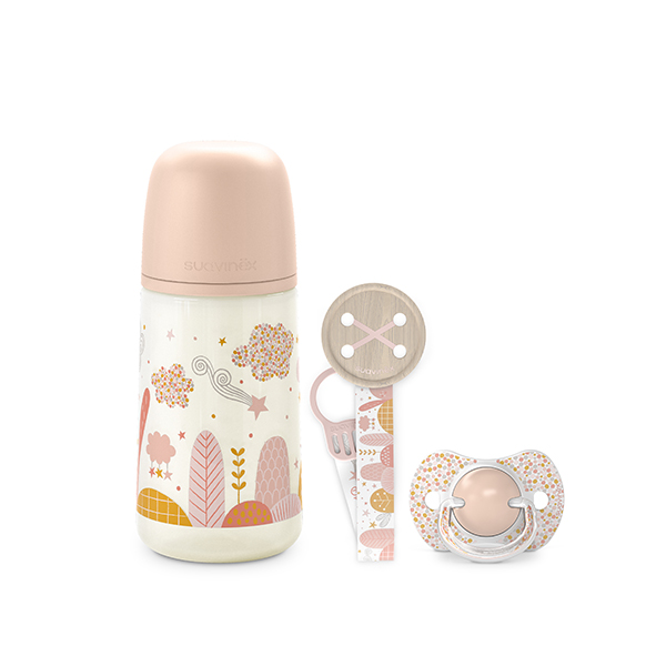 Coffret Cadeau Biberon Sucette et Attache Sucette Dreams Rose 270mL