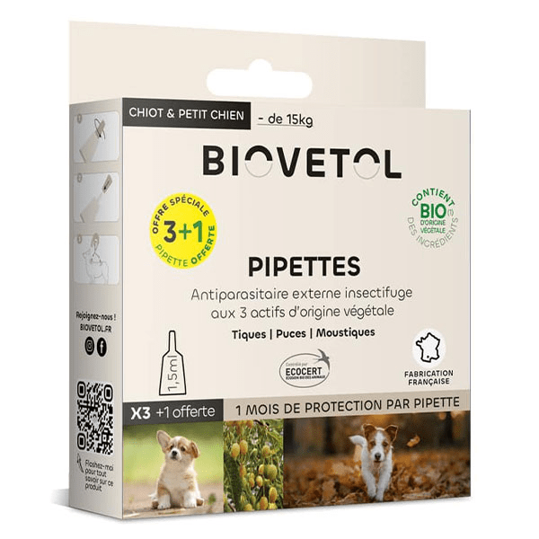 Pipettes Anti puce Anti tique Chiot/Petit Chien Bio -15kg (x3+1 Offerte)