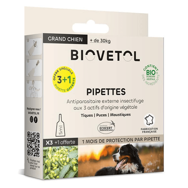 Pipettes Anti puce Anti tique Grand Chien Bio +30kg (x3+1 Offerte)