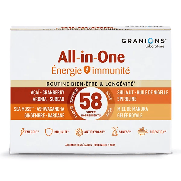 All-In-One Énergie Immunité, Longévité, Ashwagandha Shilajit, 60 comprimés