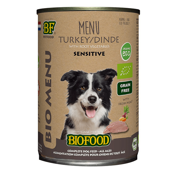 - Biofood Menu Bio à base de 50% de viande de dinde BIO pour chien. Boîte de 400g.