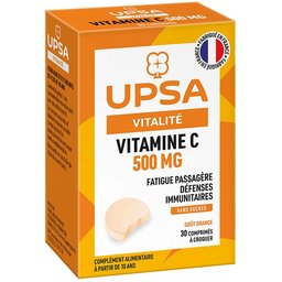 Vitamine C 500 mg - 30 comprimés à croquer - Adulte & Enfant dès 10 ans - Complément alimentaire sans sucres, goût orange - Fatigue passagère et défenses immunitaires