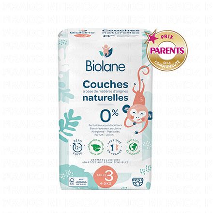 Couches naturelles zéro fuites 12h taille 3 - 4à9kg x52 couches