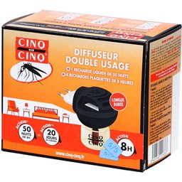 Cinq SUR Cinq Diffuseur Electrique Anti-Moustiques Double Usage : + 4 Recharges Plaquettes de 8h + 1 Recharge Liquide de 50 nuits pour 30 m3