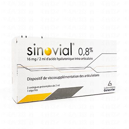 SINOVIAL 0.8%/16mg / 2ml d'acide hyaluronique 3 seringues préremplies de 2ml