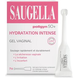 Saugella Poligyn 50+ Gel Vaginal Hydratation Intense, soin sans hormones contre la sécheresse et l’irritation vaginale liées à la ménopause, à l’acide hyaluronique, 7 unidoses de 4 ml