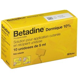 Bétadine - Dermique 10% - Solution pour application cutanée en récipient unidose - Voie cutanée - plaies ou brûlures superficielles et peu étendues - Unidoses - Unidose 10x5ml