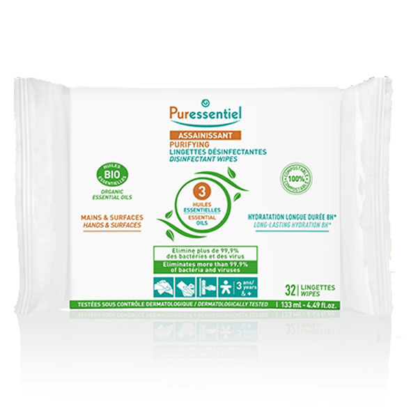 Assainissant Désinfectantes Mains Surfaces aux 3 Huiles Essentielles 32 Lingettes