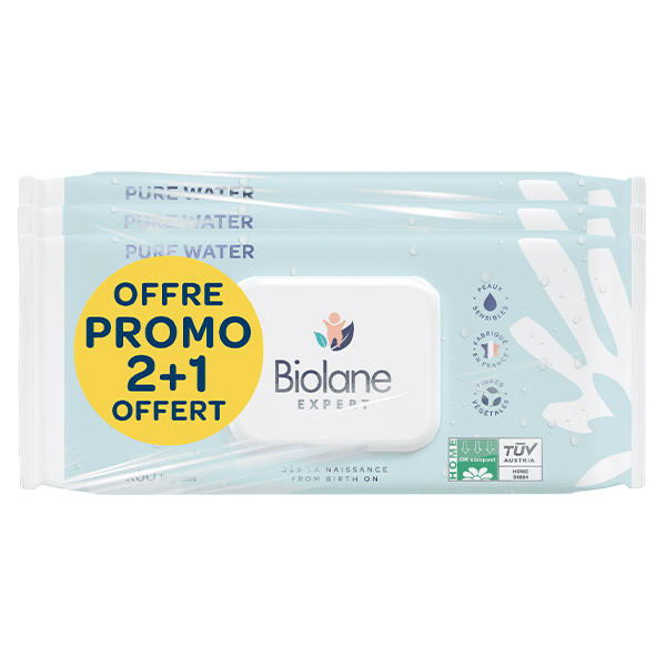 - Lingettes Pure Water - Non parfumées - Lot de 3 x 60 unités