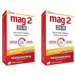 MAG 2 - 24H - Maxi Pack Promo 4 Mois - Complément alimentaire à base de magnésium, vitamine B6 et B12 - Anti-nervosité et anti-fatigue - 3+1 mois offert - Programme de 120 jours - 120 comprimés l