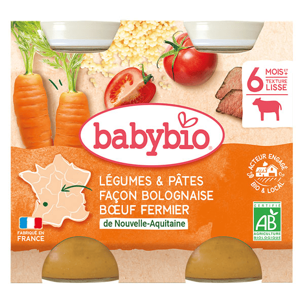 Petits Pots Légumes & Pâtes façon Bolognaise Bœuf fermier de Nouvelle-Aquitaine +6m Bio 2 x 200 g
