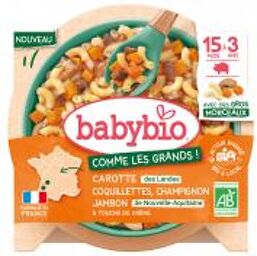 Carottes Coquillettes Jambon Champignon de 15 Mois à 3 Ans Bio 200 g - Carton 1 assiette de 200 g