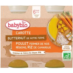 Menu Carotte, Butternut de notre ferme, Poulet fermier de nos régions, riz de Camargue