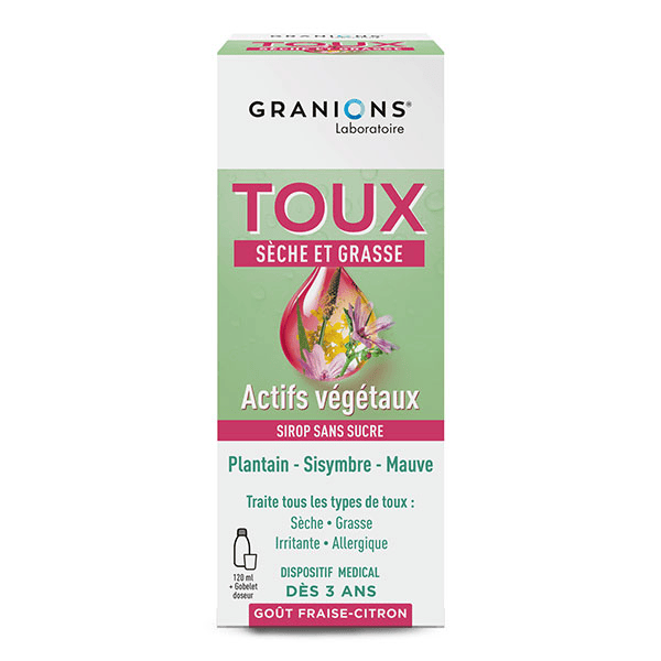 GRANIONS - Sirop Toux - Sirop Toux Seche et Grasse -Goût Fraise-Citron - 120 mL