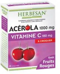 Acerola 1000 Goût Fruits Rouges - 30 Comprimés à Croquer - Boîte 30 Comprimés