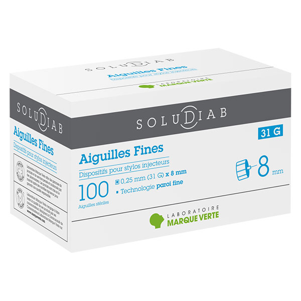 Soludiab Aiguille Ultrafine pour Stylo Injecteur d'Insuline 8mm 31G 100 unités