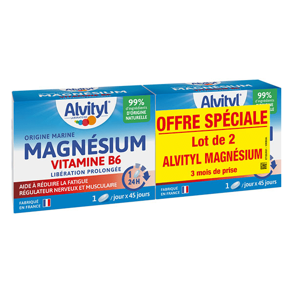 Magnésium Marin Vitamine B6 Libération prolongée Réduction de la fatigue dès 12 ans 2x45 comprimés Cure de 3 mois