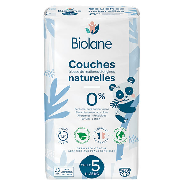 - Couches Naturelles Taille 5 - 12H -zéro fuite - 40 unités