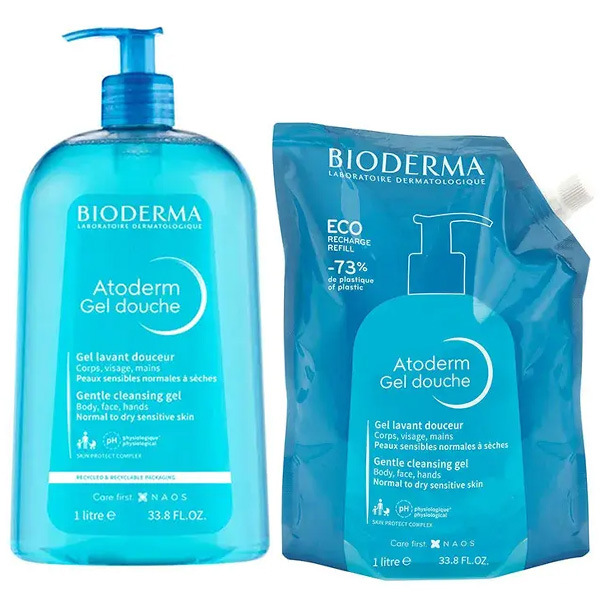Atoderm Gel douche Gel Douche Sans Savon Peaux Sèches Famille et éco-recharge 1L