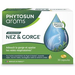 Aroms Capsules Nez et Gorge, ¹Adoucit la gorge et ²Apaise les voies respiratoires grâce aux huiles essentielles de ¹˒²thym et ¹d'eucalyptus, 30 Capsules