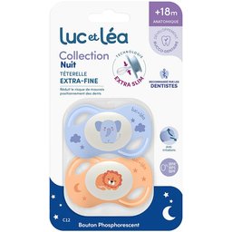 LUC ET LEA Duo de sucettes nuit anatomiques extra-fines – Lion et Elephant