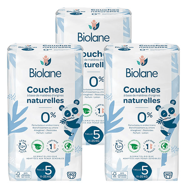 Couches Naturelles Taille 5 Protection 12H Zéro fuite 40 unités Lot de 3