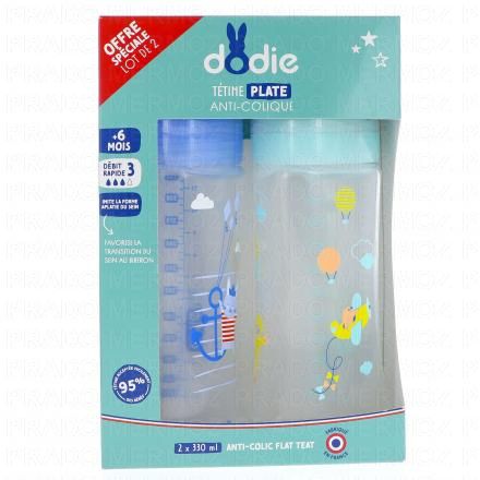 Biberon anti-colique tétine plate duo bleu/vert