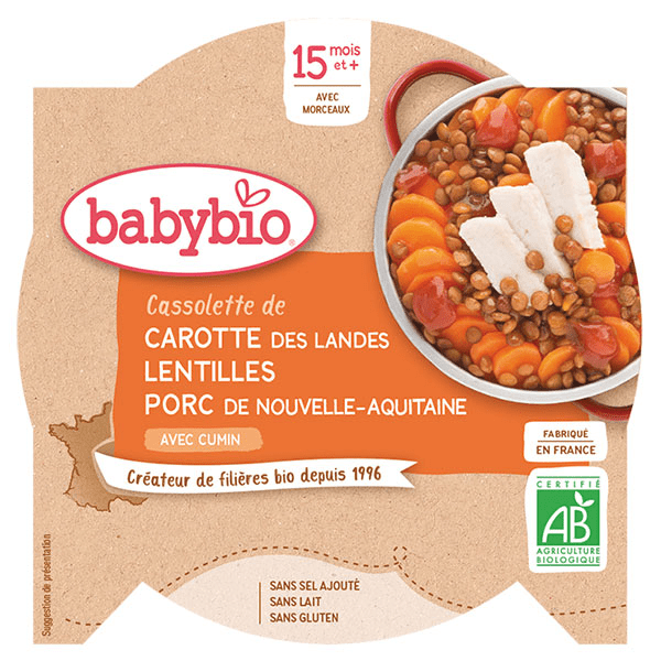 Repas Midi Assiette Carotte Lentilles Porc +15m Bio 260g