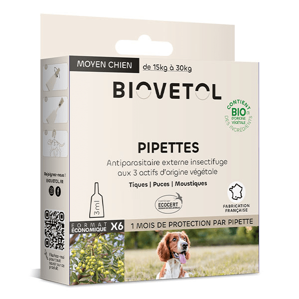 Pipettes Anti puce Anti tique Moyen Chien Bio 15-30kg x6