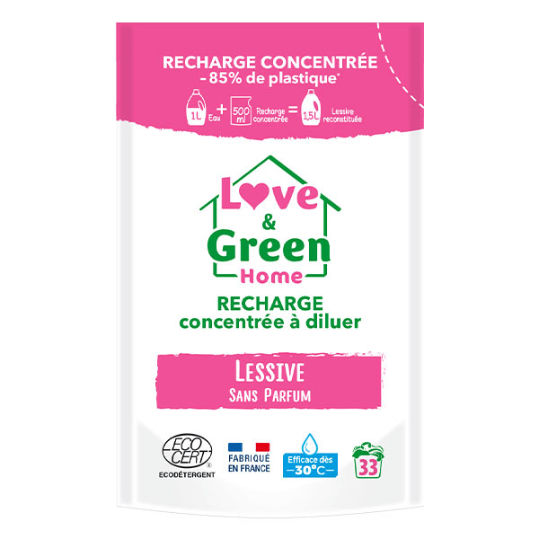 Recharge concentrée à diluer de lessive sans parfum certifiée Ecodétergent - 500 mL