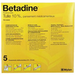 Bétadine - Tulle 10% - plaies ou brûlures superficielles et peu étendues - 5 pansements médicamentaux