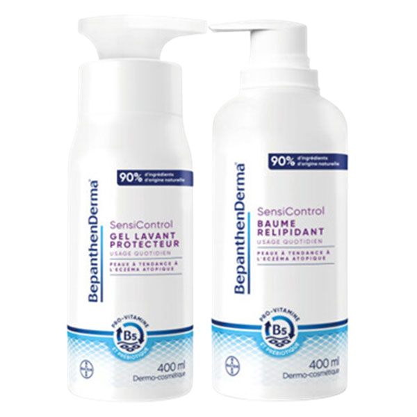 Lot BepanthenDerma® SensiControl Baume Relipidant – Pompe 400ml + Gel Lavant Protecteur – Pompe 400ml FR