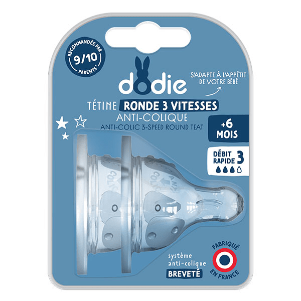 Tétine Initiation+ Ronde 3 vitesses Col large Silicone +6 mois Débit 3 Rapide Lot de 2
