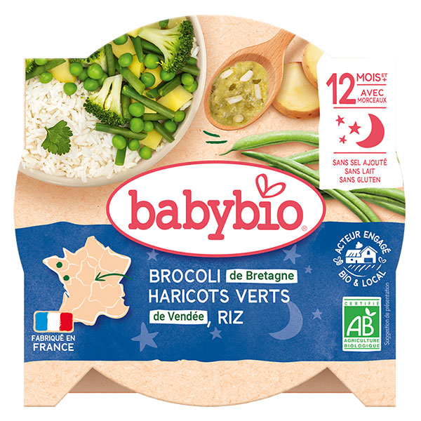 Repas Soir Assiette Brocoli Haricots Verts Riz +12m Bio 230g