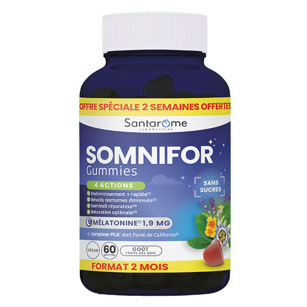 Santarome - Somnifor Gummies 2 mois dont 15 nuits offertes - Mélatonine & Plantes - 60 gummies