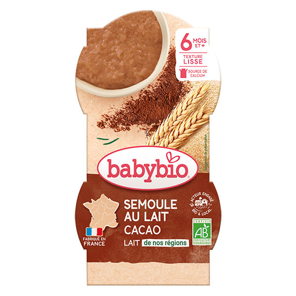 Desserts Lactés Bol Semoule au Lait Cacao +6m Bio Lot de 2 x 100g
