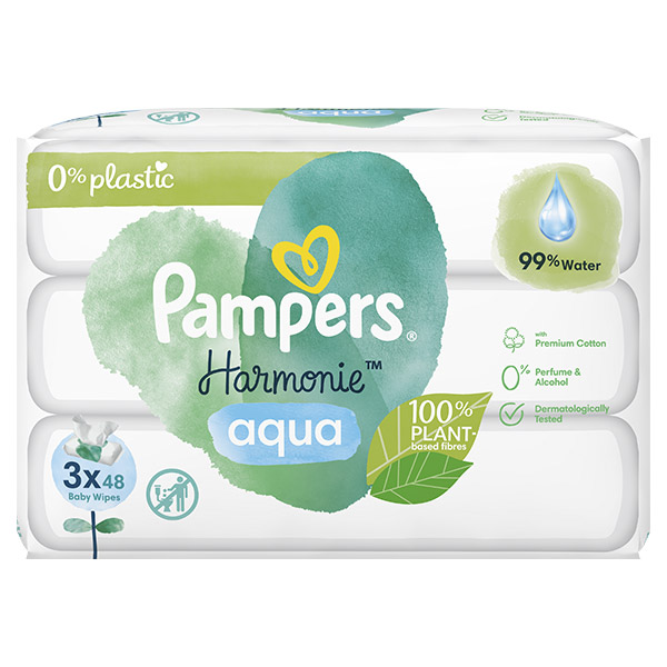 lingettes Harmonie Aqua 0% plastique 100% fibres d'origine végétale 99% d'eau 3x48 lingettes