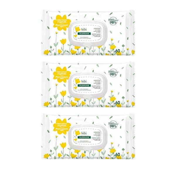 Lingettes nettoyantes à l'eau pour le corps Bébé Peau normale à sèche 3 x 60 lingettes