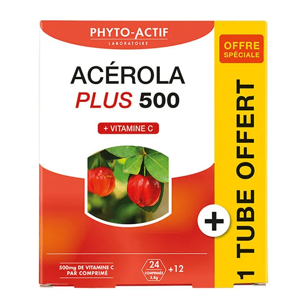 Phyto-Actif, Acerola plus 500 + 1 tube offert, 36 comprimés
